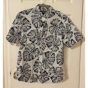 Club Room Shirt Mens S White and Blue Luxury Linen Tropical Hawaiian Button Up